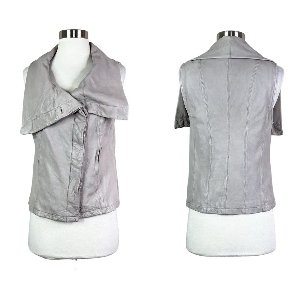 AllSaints | Grey Leather Asymmetric Zip Drape Collar Moto Minimalist Vest 10